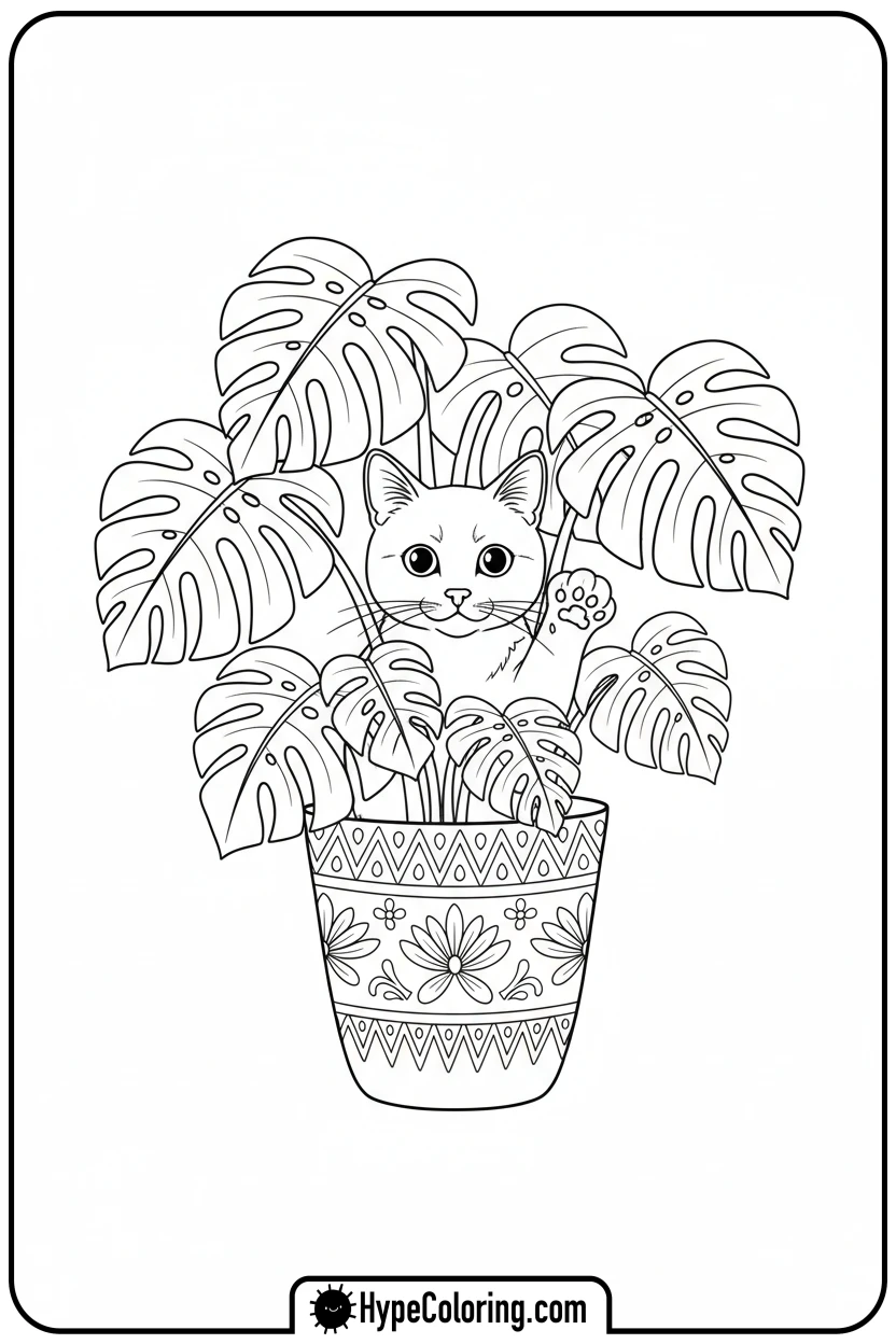 cat-peeking-from-plant - cute cat coloring pages