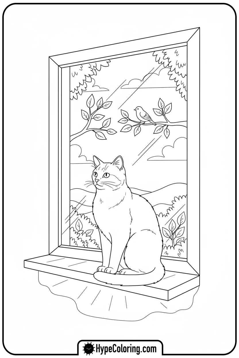 cat-watching-bird - cute cat coloring pages