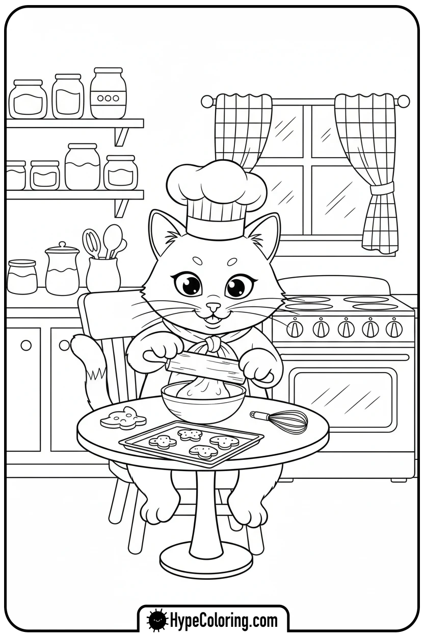 cat-baking-with-hat - cute cat coloring pages