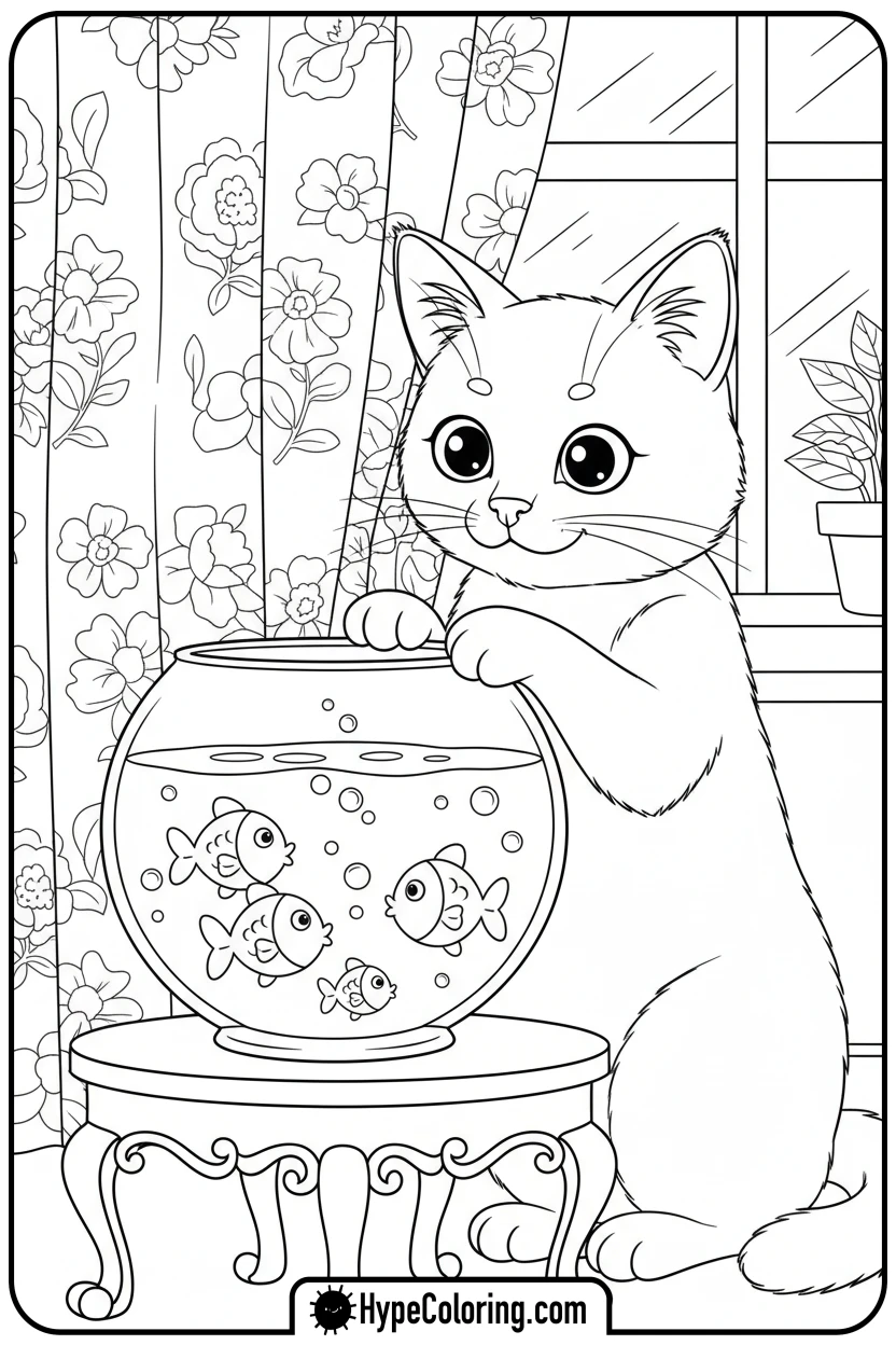cat-looking-at-fishbowl - cute cat coloring pages