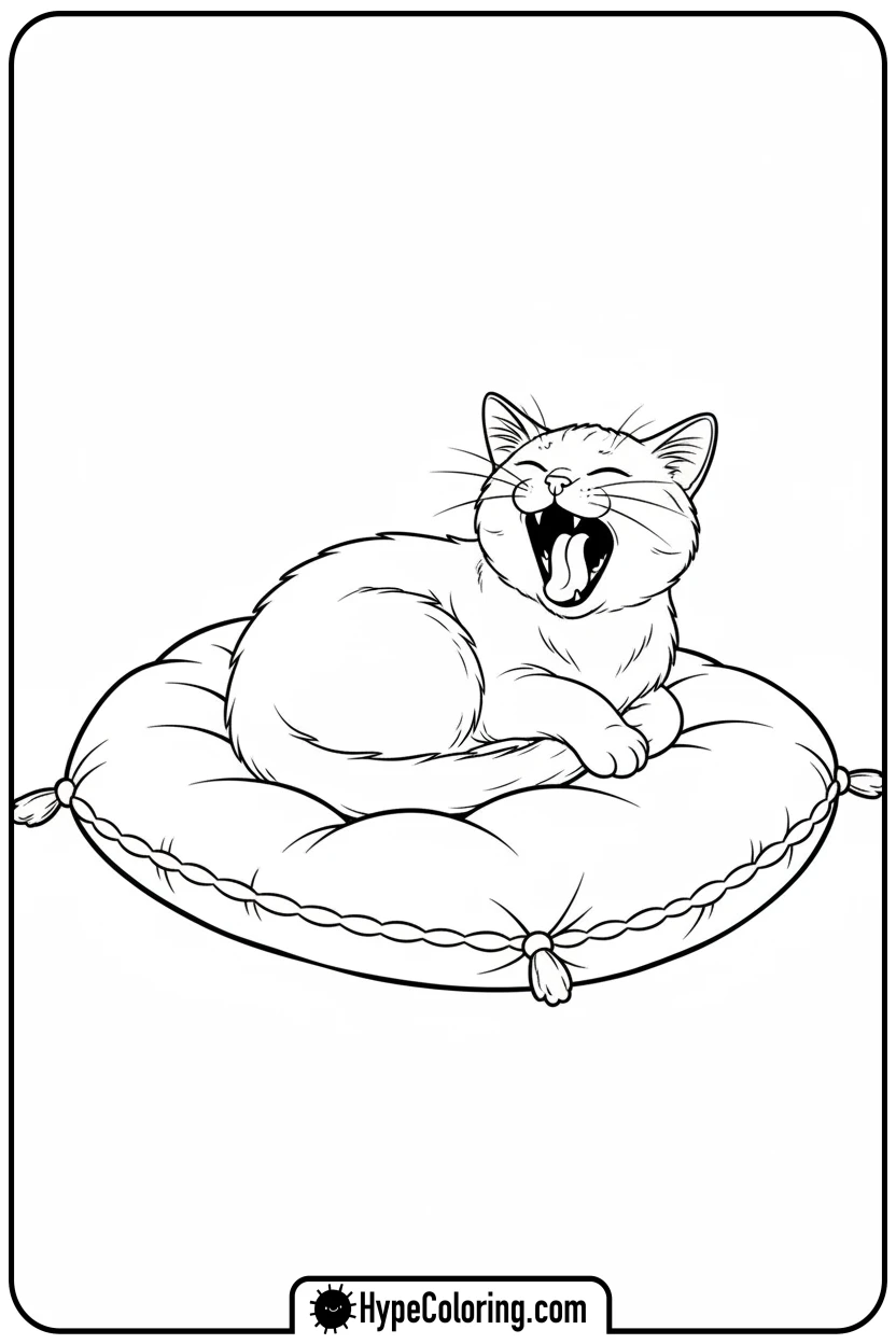 cat-yawning-on-cushion - cute cat coloring pages