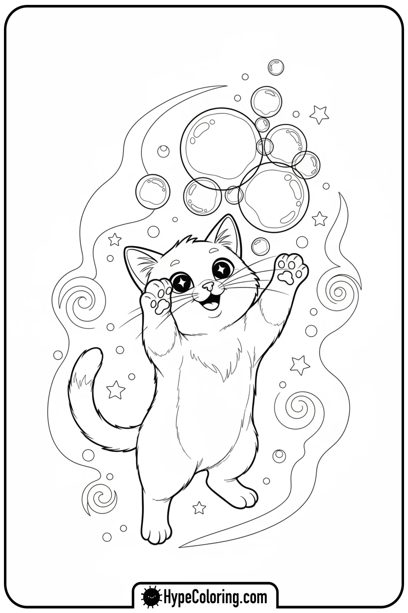 cat-playing-with-bubbles - cute cat coloring pages