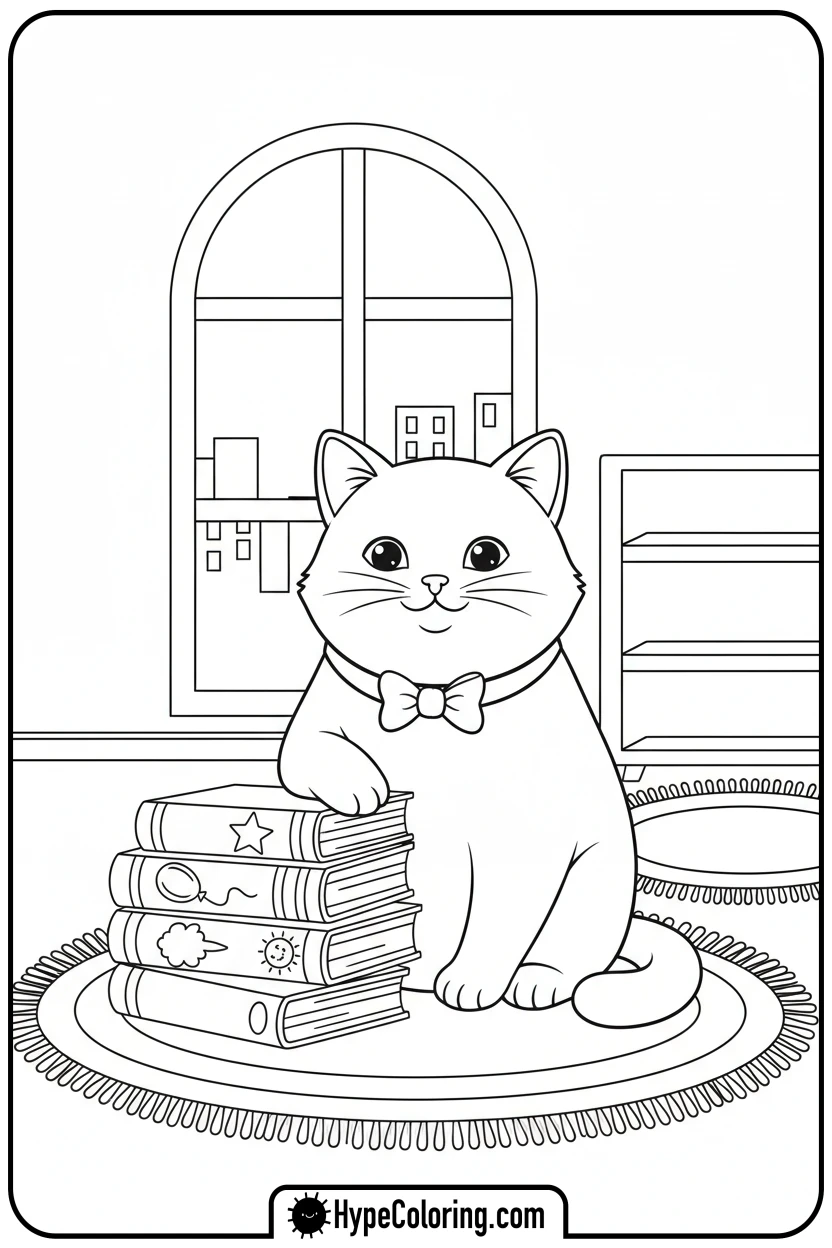 cat-with-storybooks - cute cat coloring pages