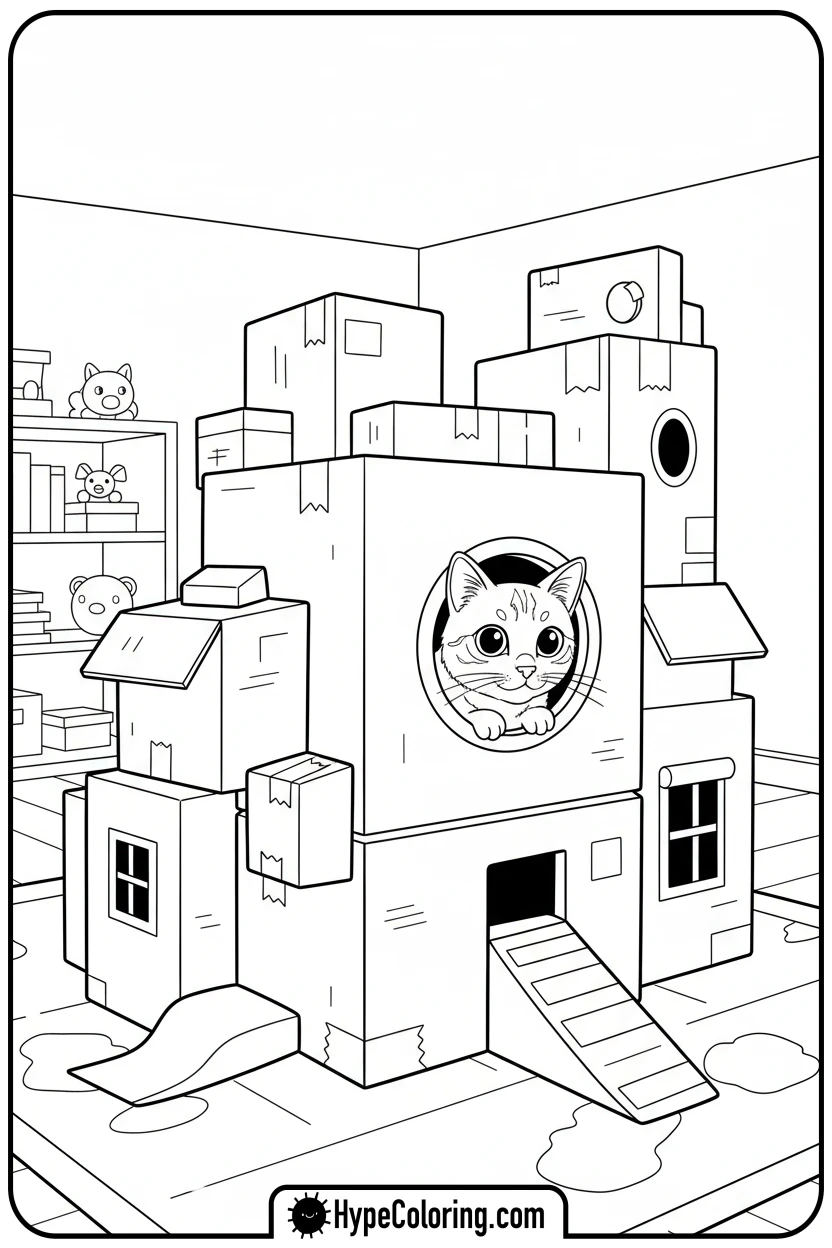 cat-in-cardboard-box - cute cat coloring pages