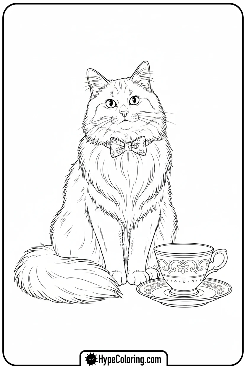 cat-with-bow-tie-and-teacup - cute cat coloring pages