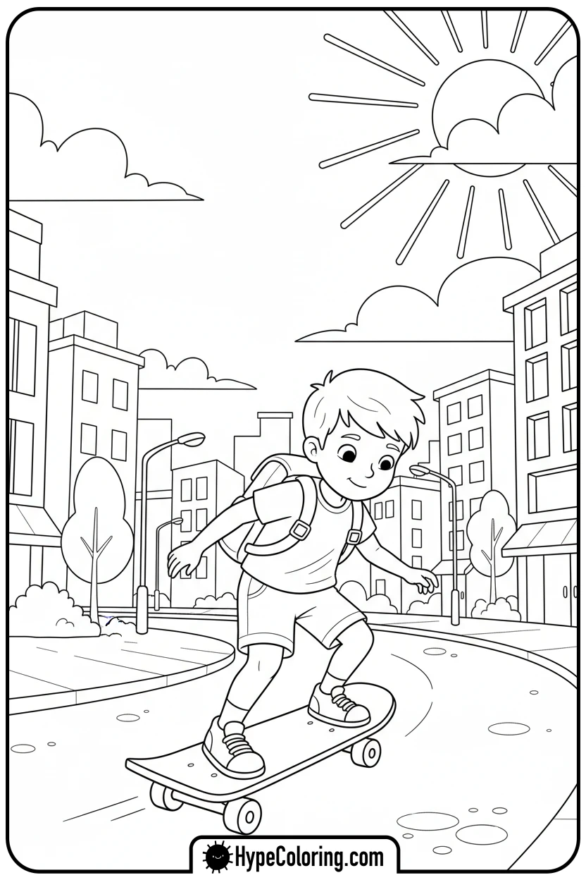 child-skateboarding-down-street - sports coloring pages