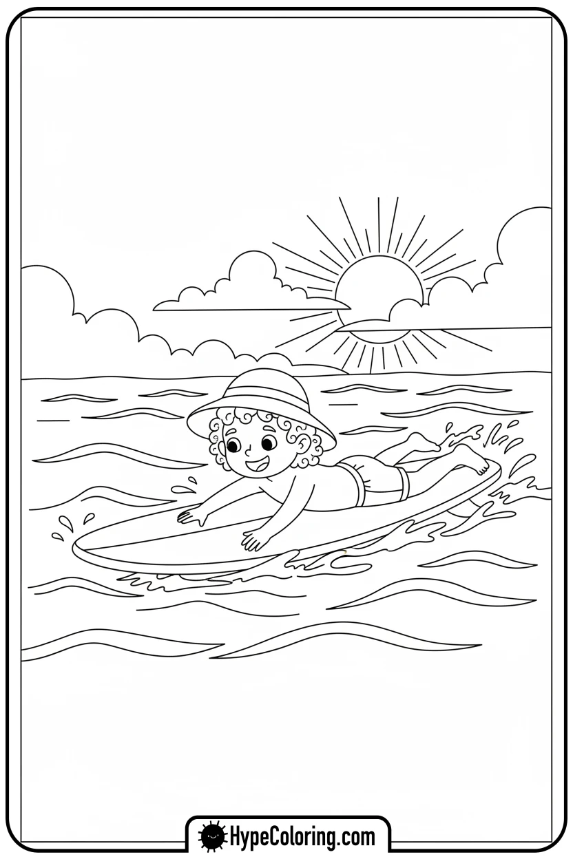 child-paddling-surfboard - sports coloring pages