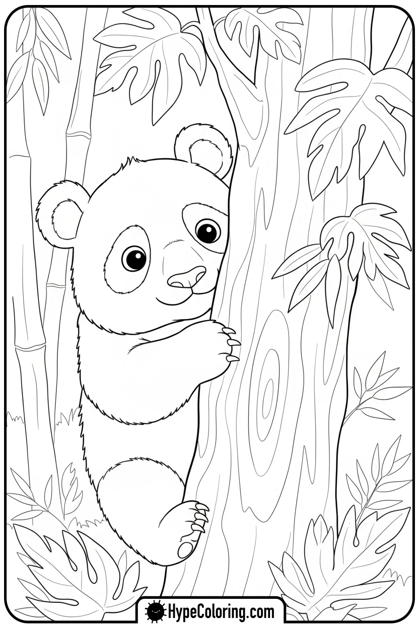 panda-peeking-from-tree - coloring page of a panda bear