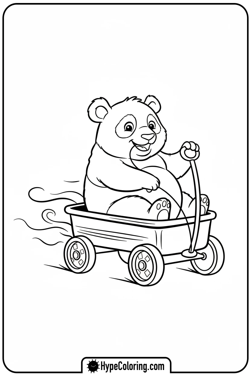 panda-in-red-wagon - coloring page of a panda bear