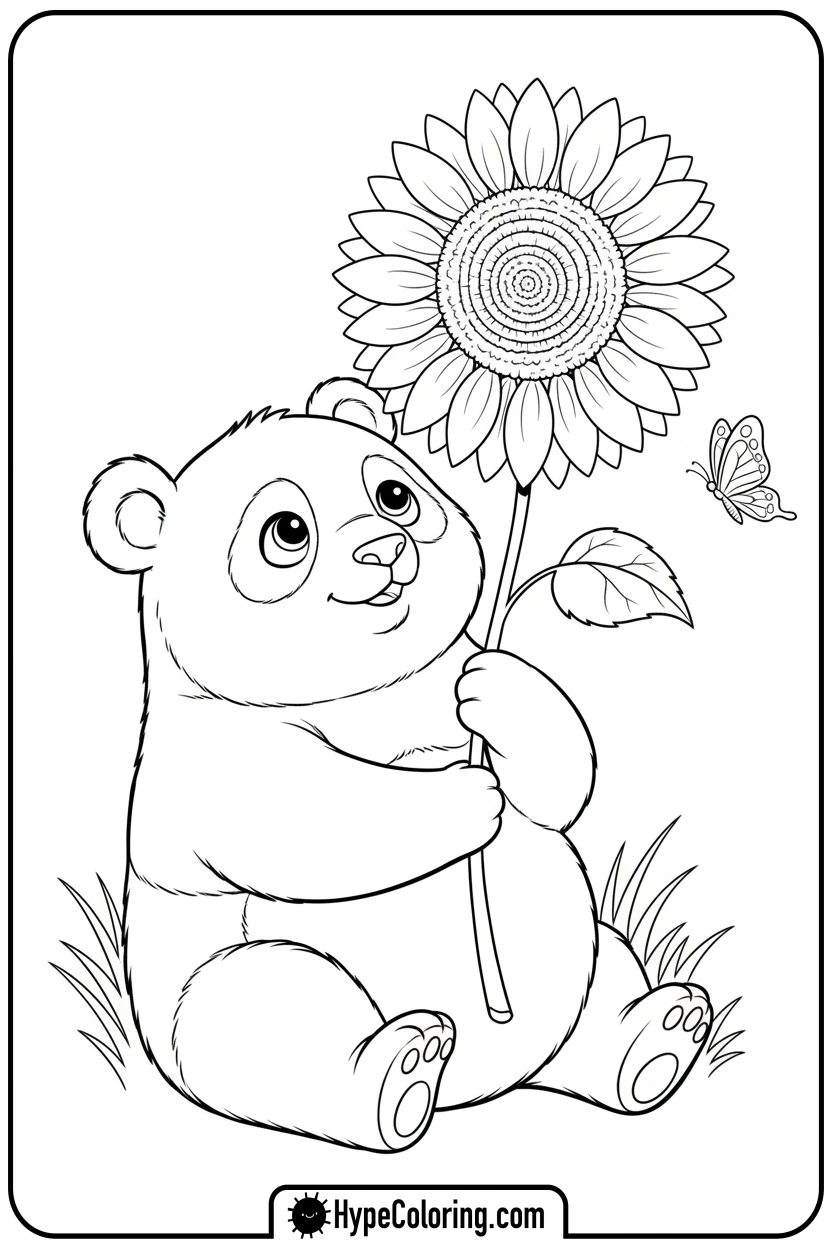 panda-holding-sunflower - coloring page of a panda bear