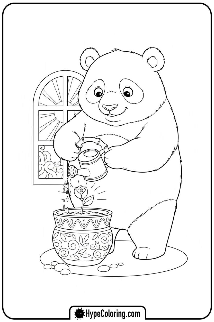 panda-watering-plant - coloring page of a panda bear