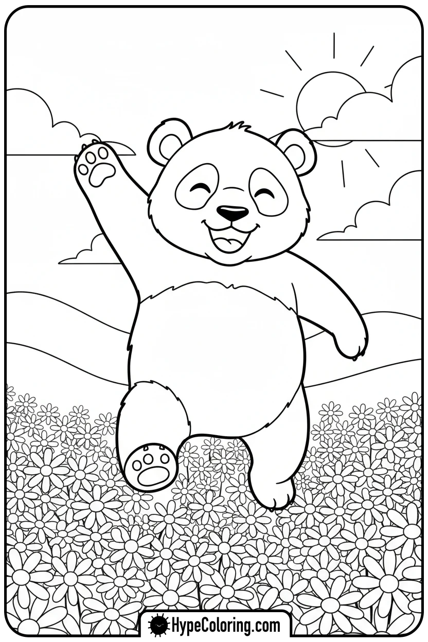 panda-skipping-in-field - coloring page of a panda bear