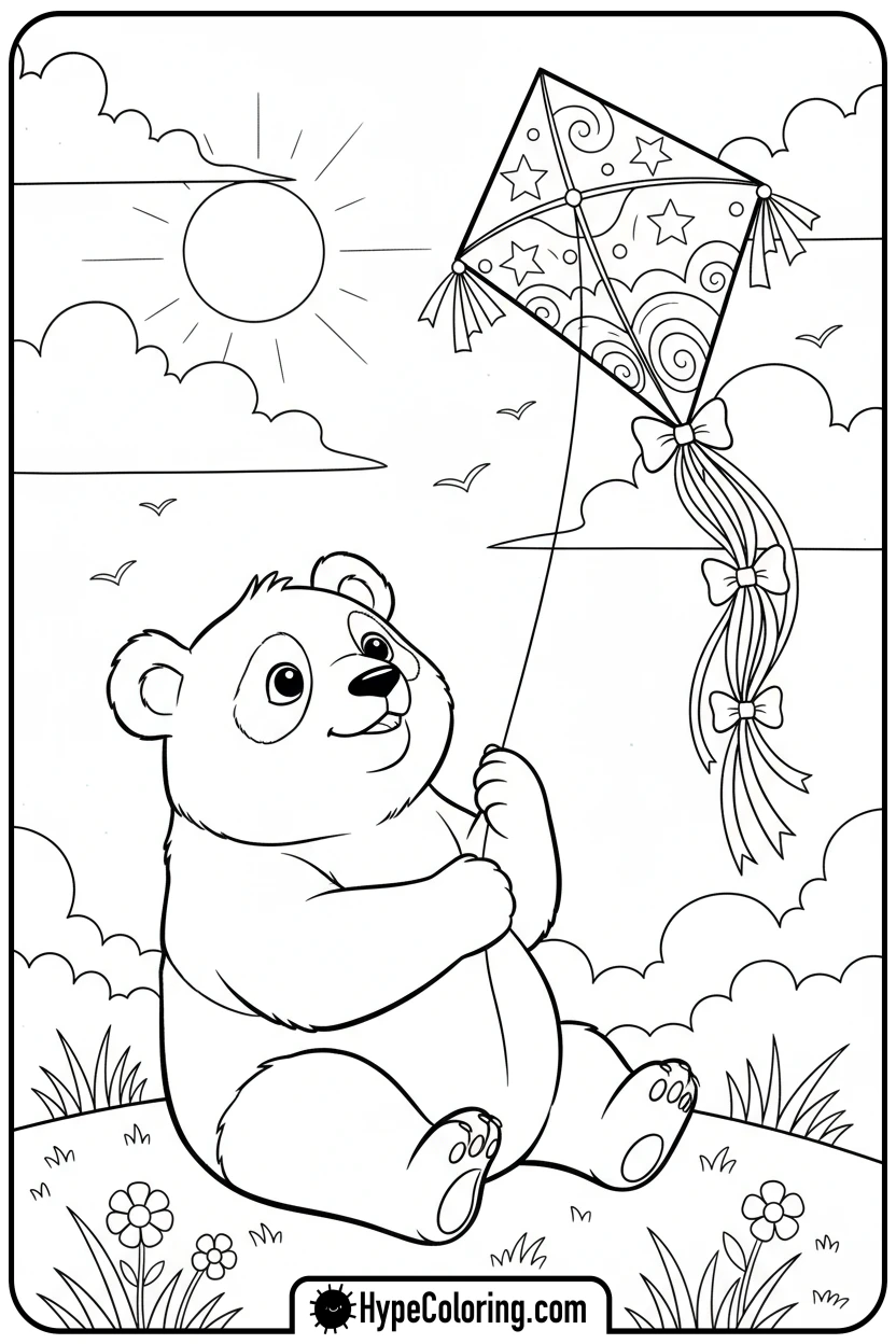 panda-flying-a-kite - coloring page of a panda bear
