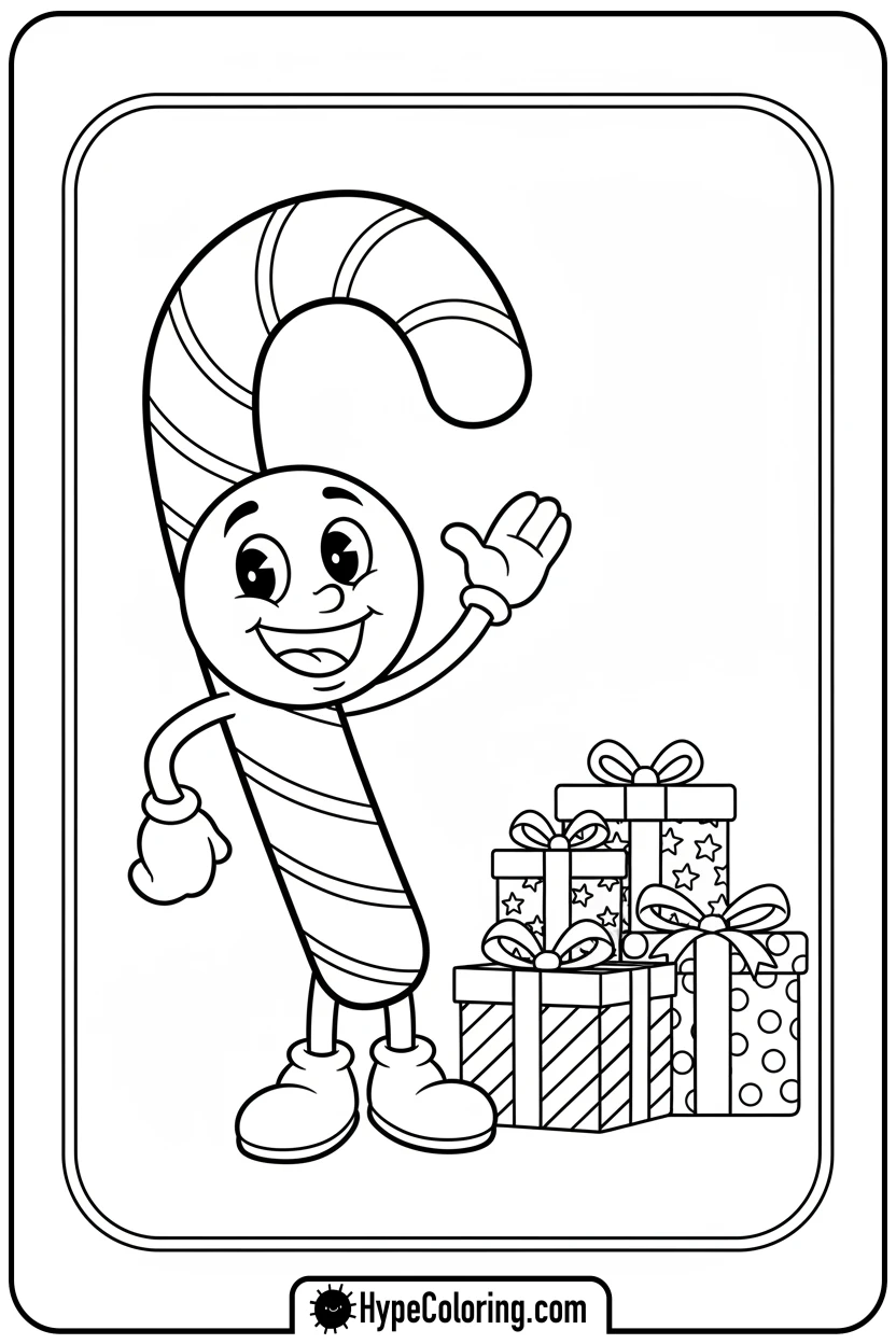smiling-candy-cane-with-gifts - candy cane coloring pages