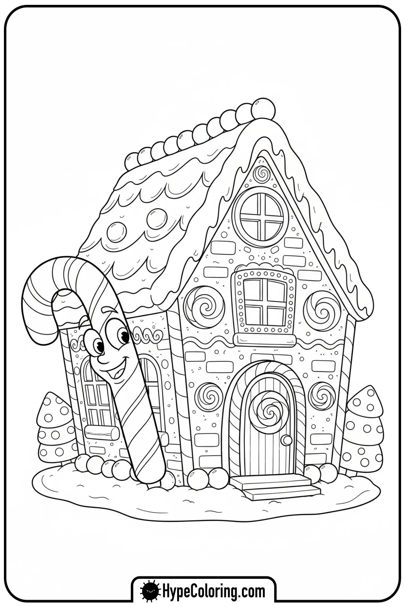 candy-cane-peeking-from-gingerbread-house - candy cane coloring pages