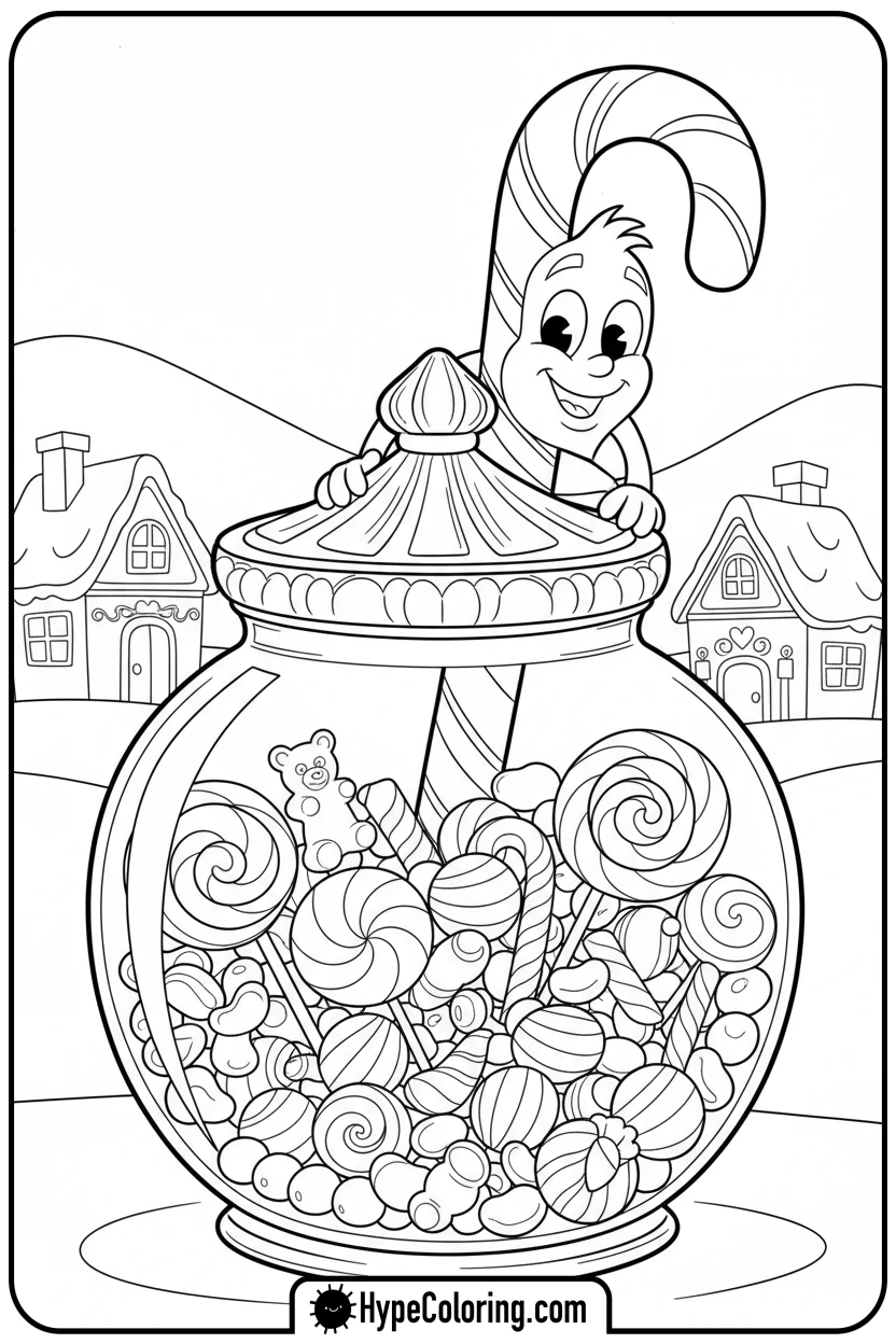 candy-cane-hiding-behind-candy-jar - candy cane coloring pages