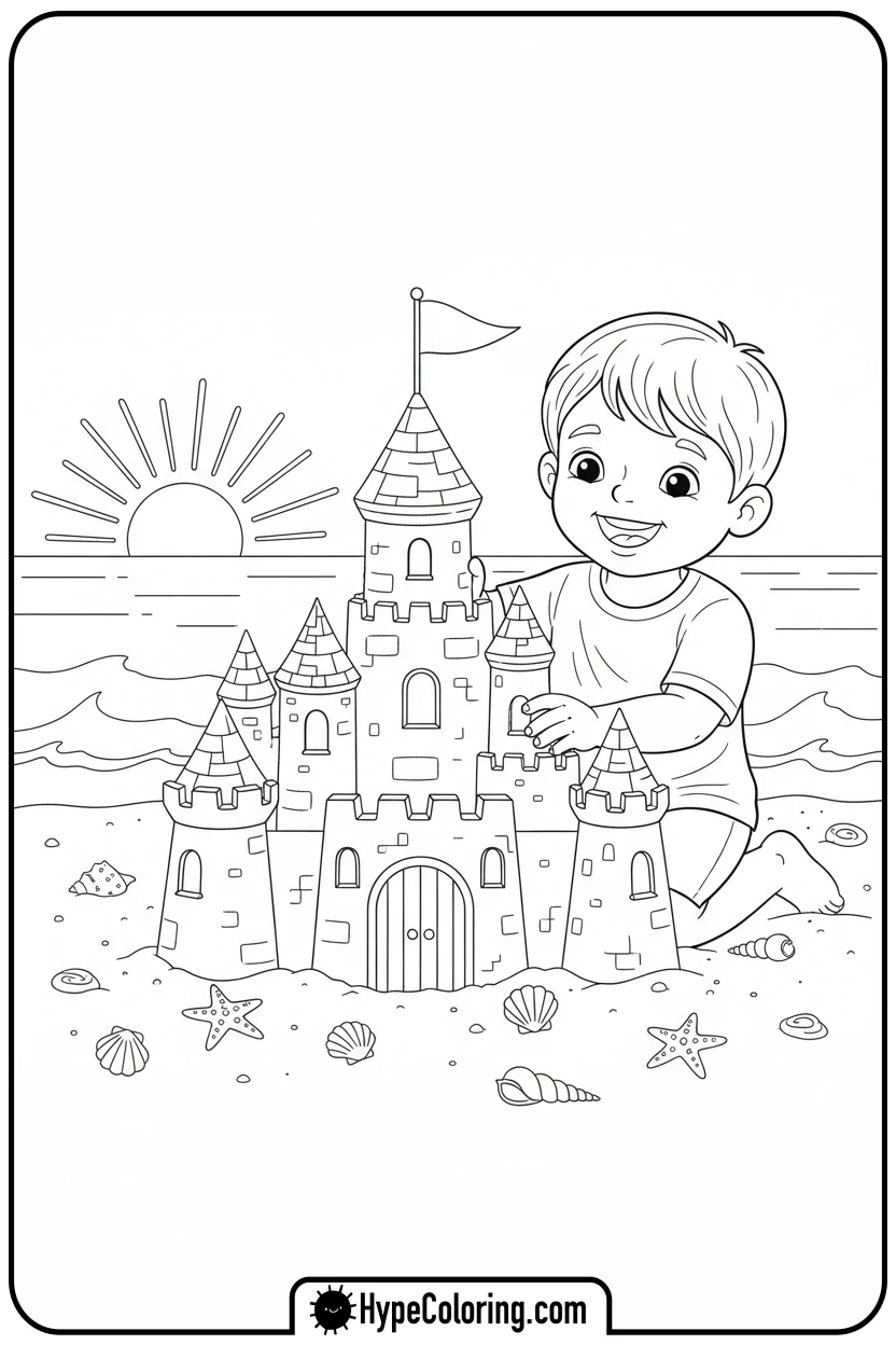 child-building-a-sandcastle - beach coloring page