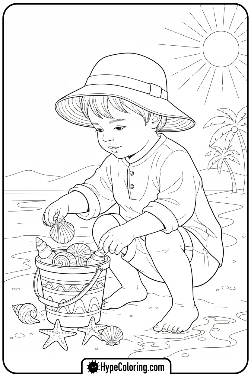 child-collecting-seashells - beach coloring page