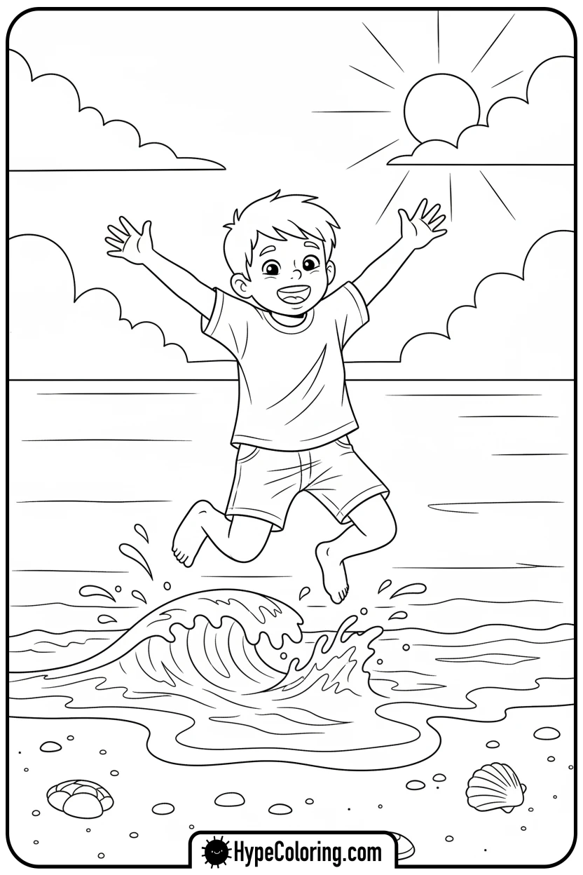 child-splashing-in-waves - beach coloring page