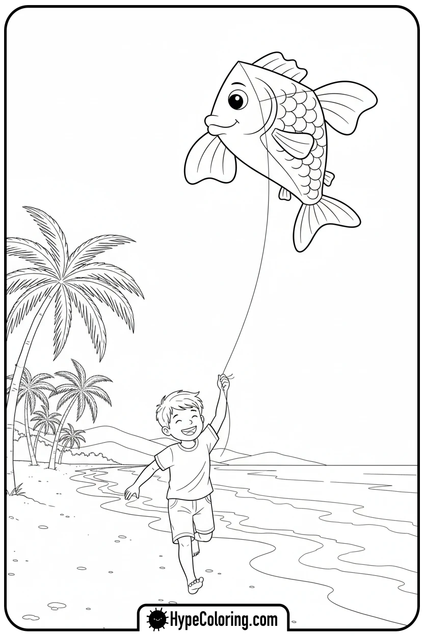 child-flying-a-fish-kite - beach coloring page