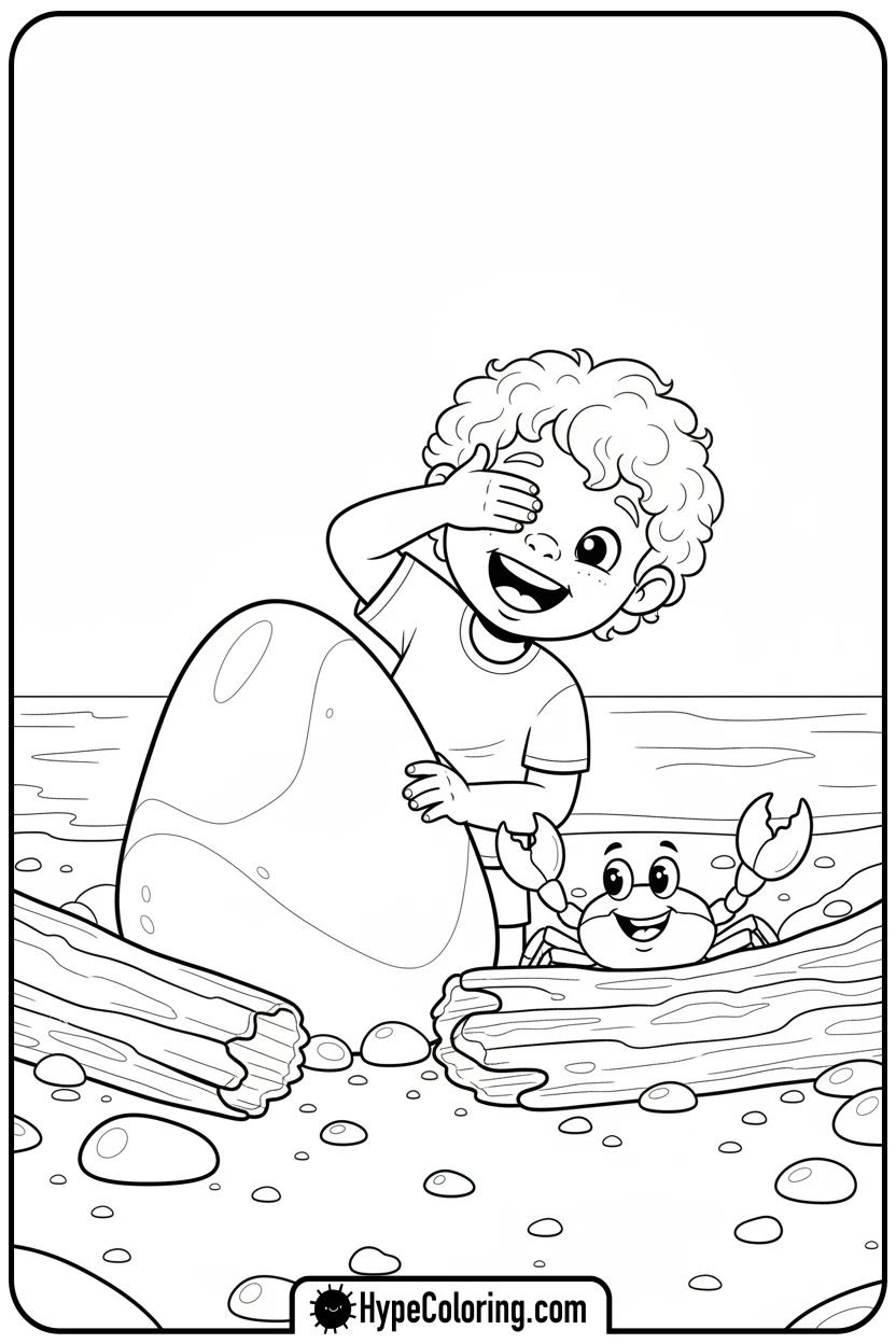 child-playing-with-crab - beach coloring page