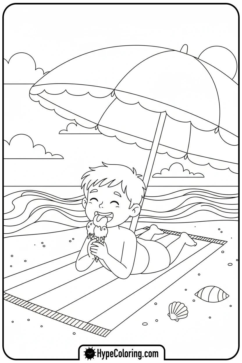 child-eating-ice-cream-on-beach - beach coloring page