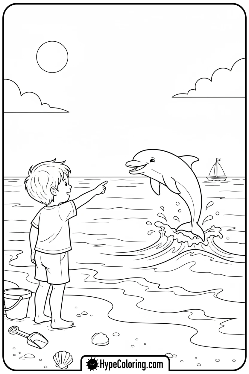 child-watching-dolphin - beach coloring page
