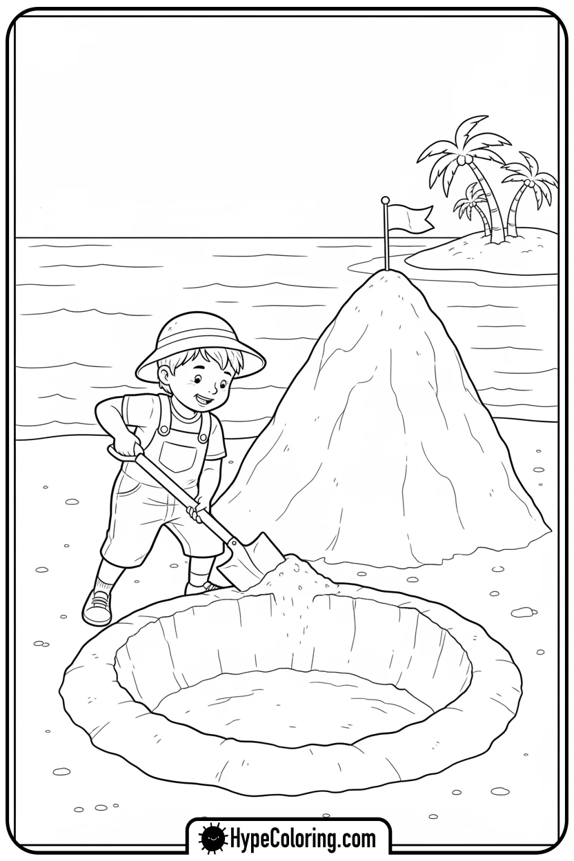 child-digging-in-sand - beach coloring page