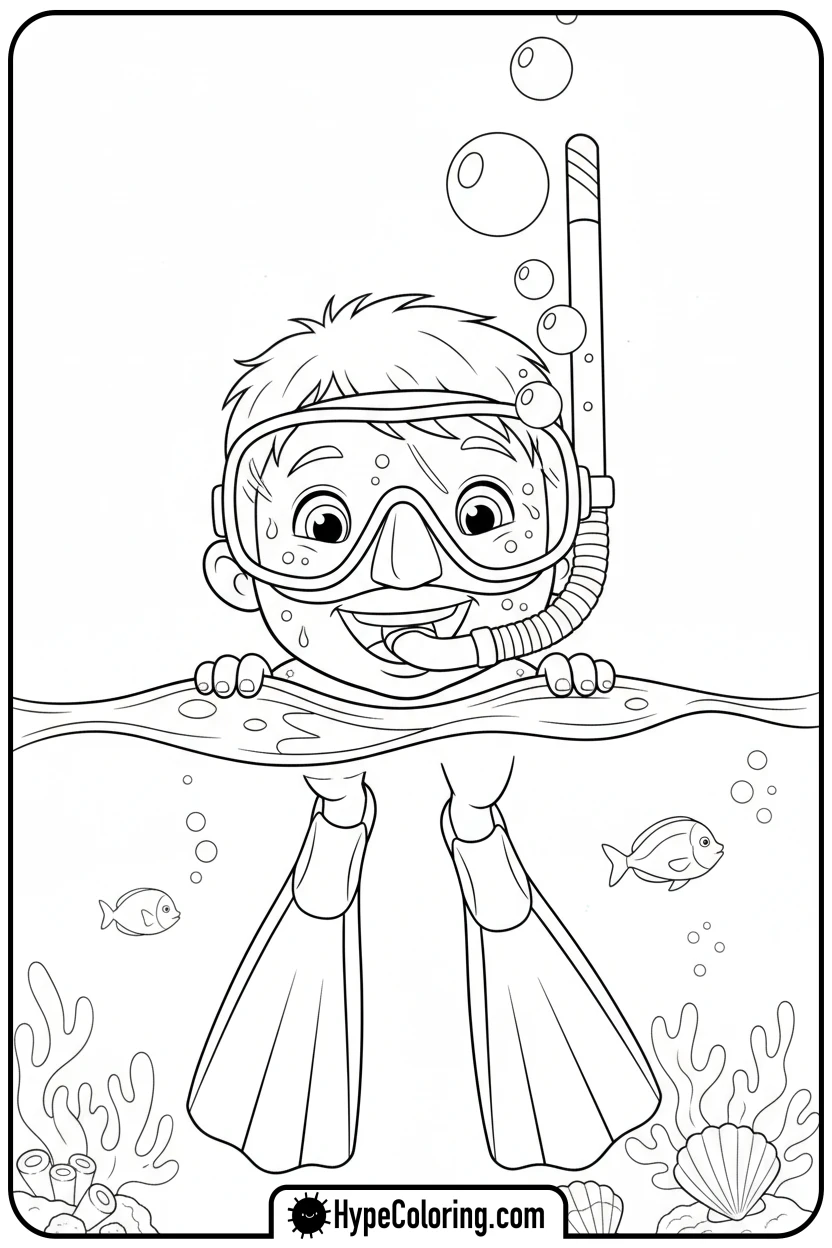 child-snorkeling-in-ocean - beach coloring page