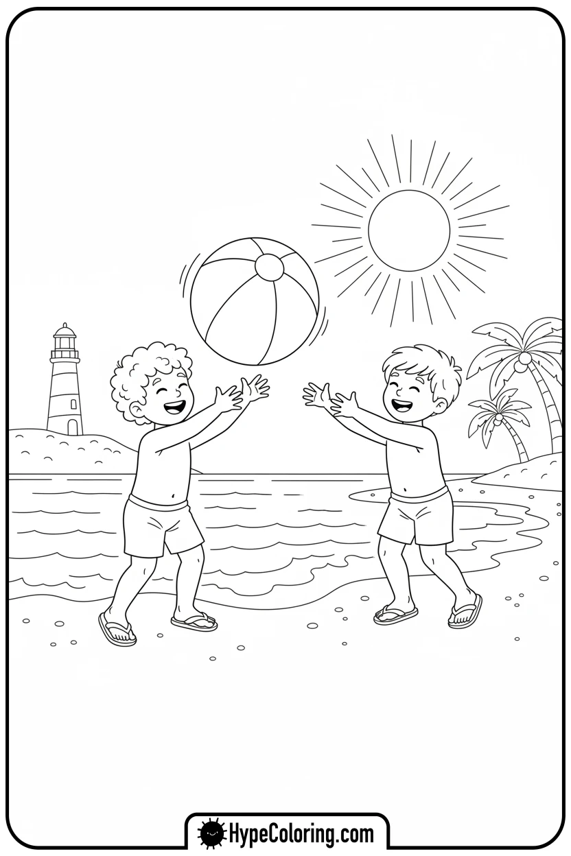 children-playing-beach-ball - beach coloring page