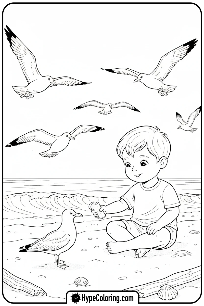 child-feeding-a-seagull - beach coloring page