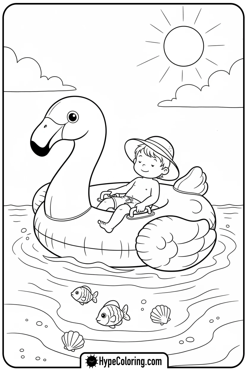 child-on-flamingo-float - beach coloring page