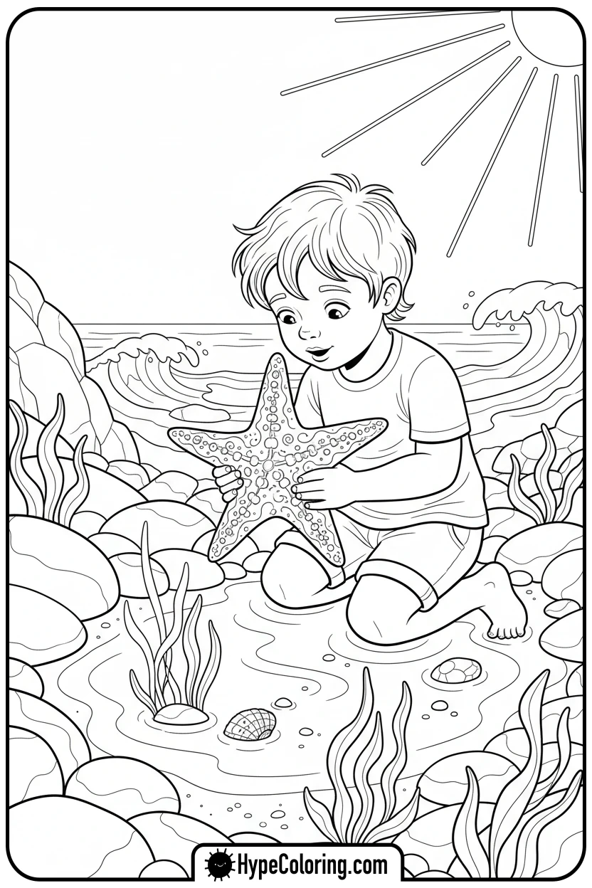 child-examining-starfish - beach coloring page