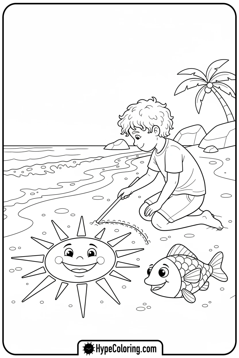 child-drawing-in-sand - beach coloring page