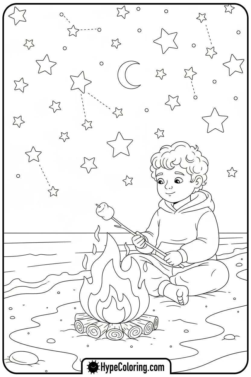 child-roasting-marshmallow-on-beach - beach coloring page