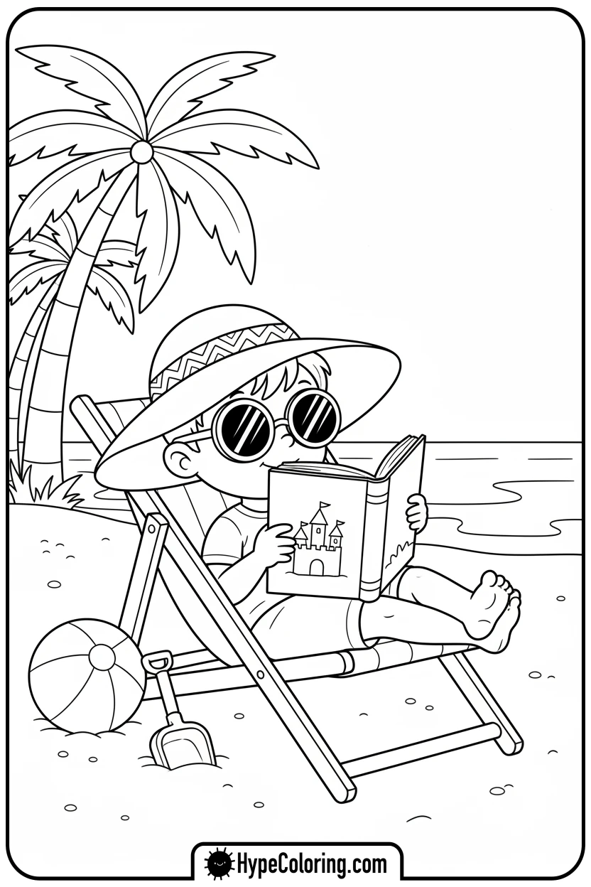 child-reading-on-beach-chair - beach coloring page