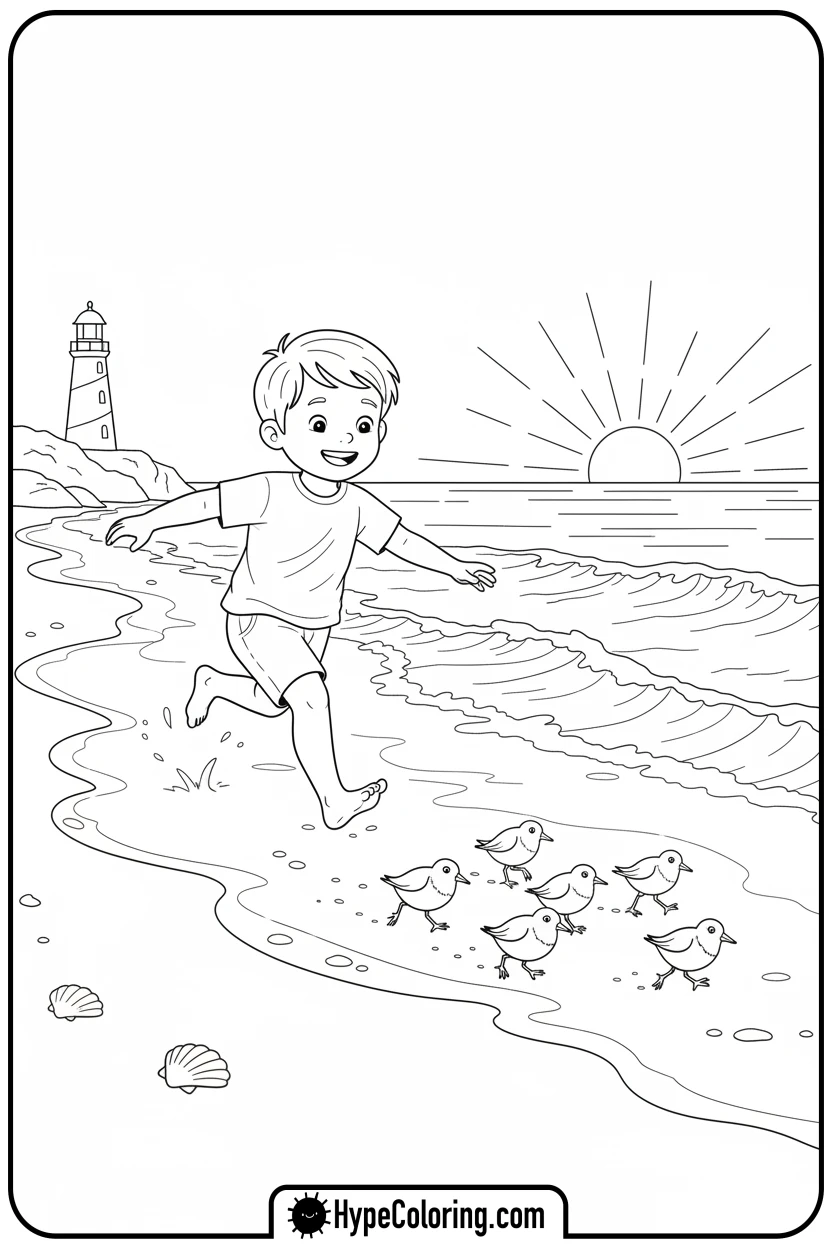 child-chasing-birds-on-beach - beach coloring page