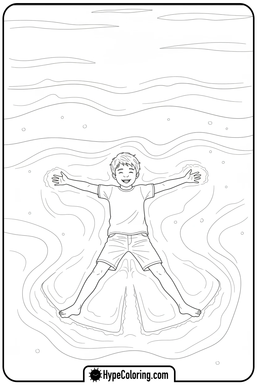 child-making-sand-angel - beach coloring page