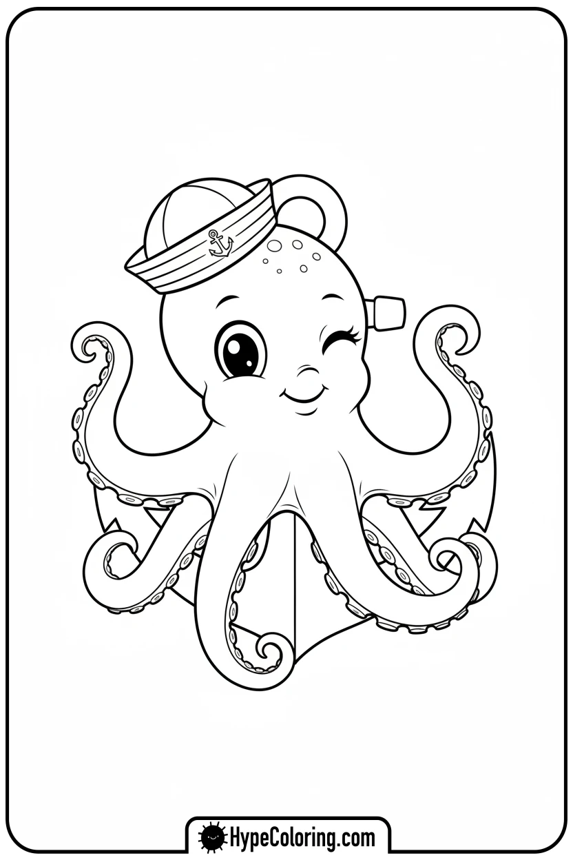 octopus-wearing-sailor-hat - coloring page of an octopus