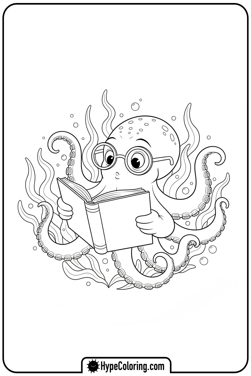 octopus-reading-a-book - coloring page of an octopus