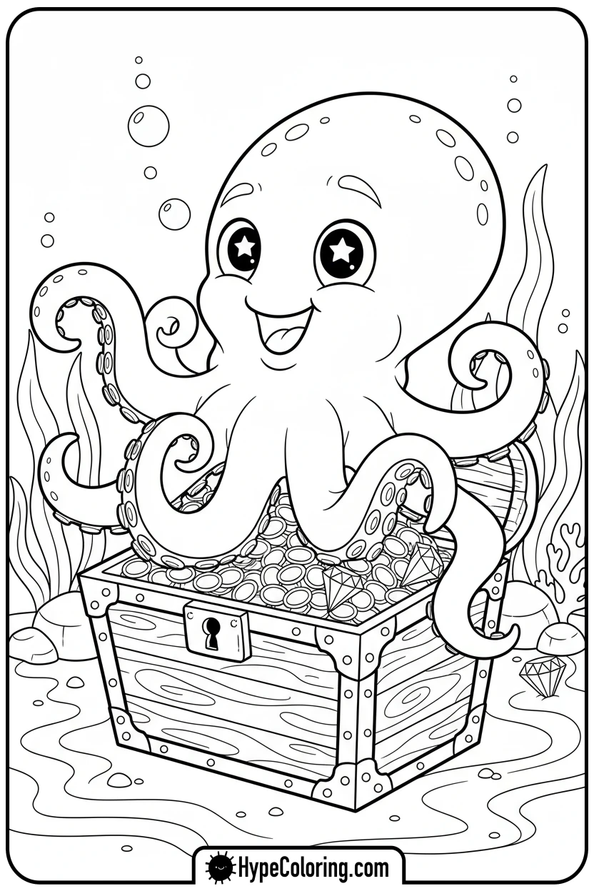 octopus-guarding-treasure-chest - coloring page of an octopus