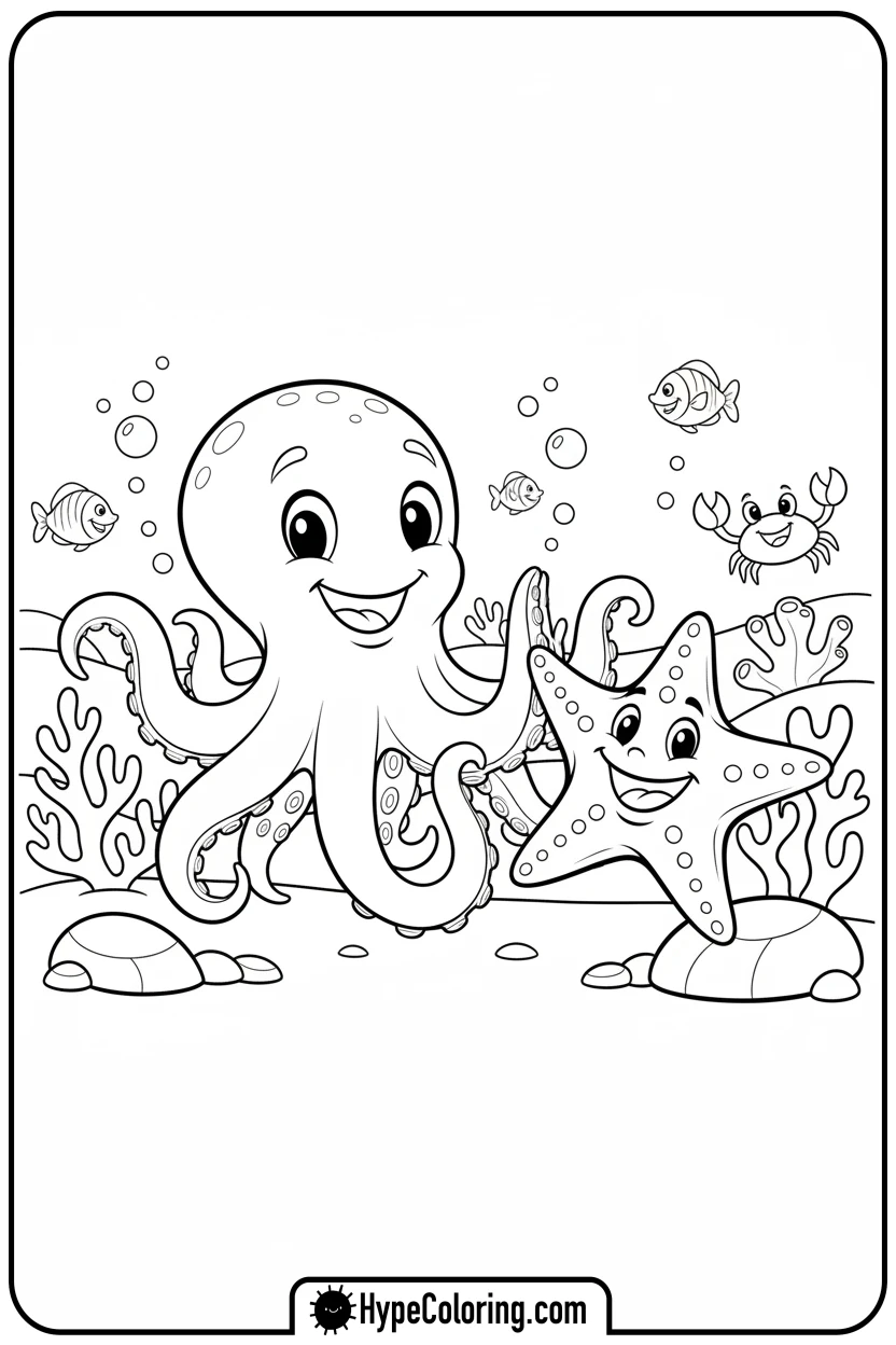 octopus-high-fiving-starfish - coloring page of an octopus