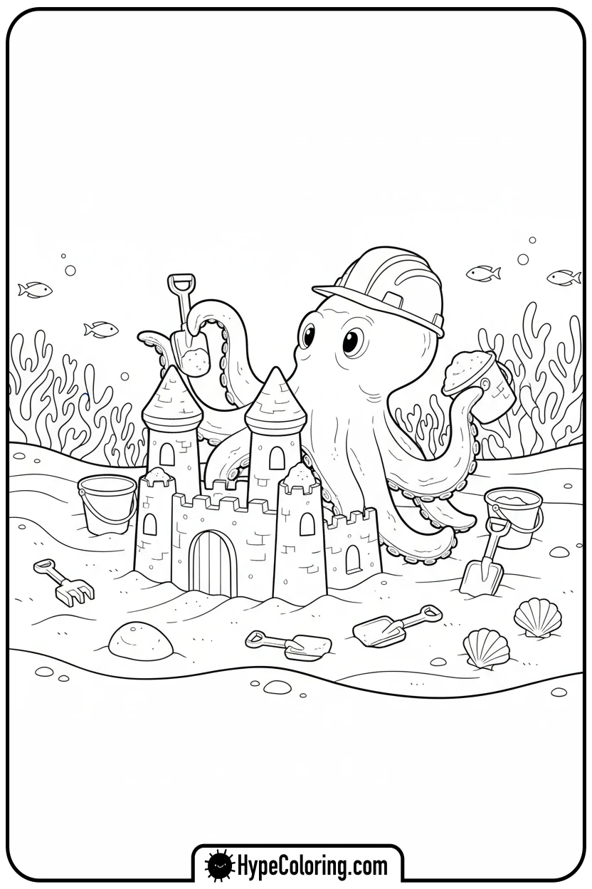 octopus-building-sandcastle - coloring page of an octopus