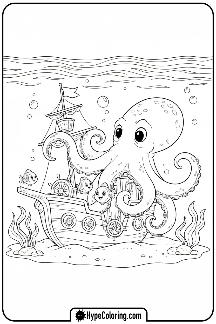octopus-exploring-shipwreck - coloring page of an octopus