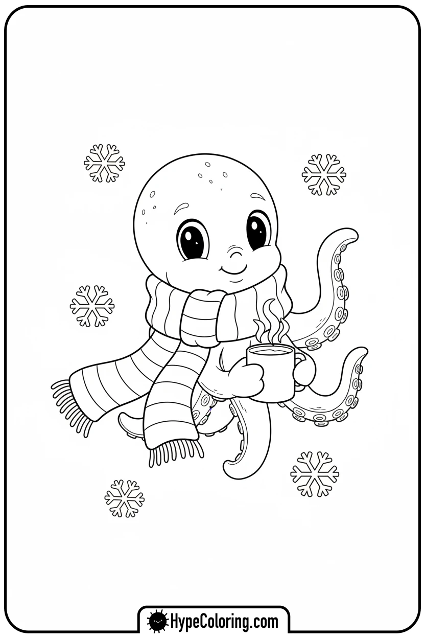 octopus-wearing-winter-scarf - coloring page of an octopus