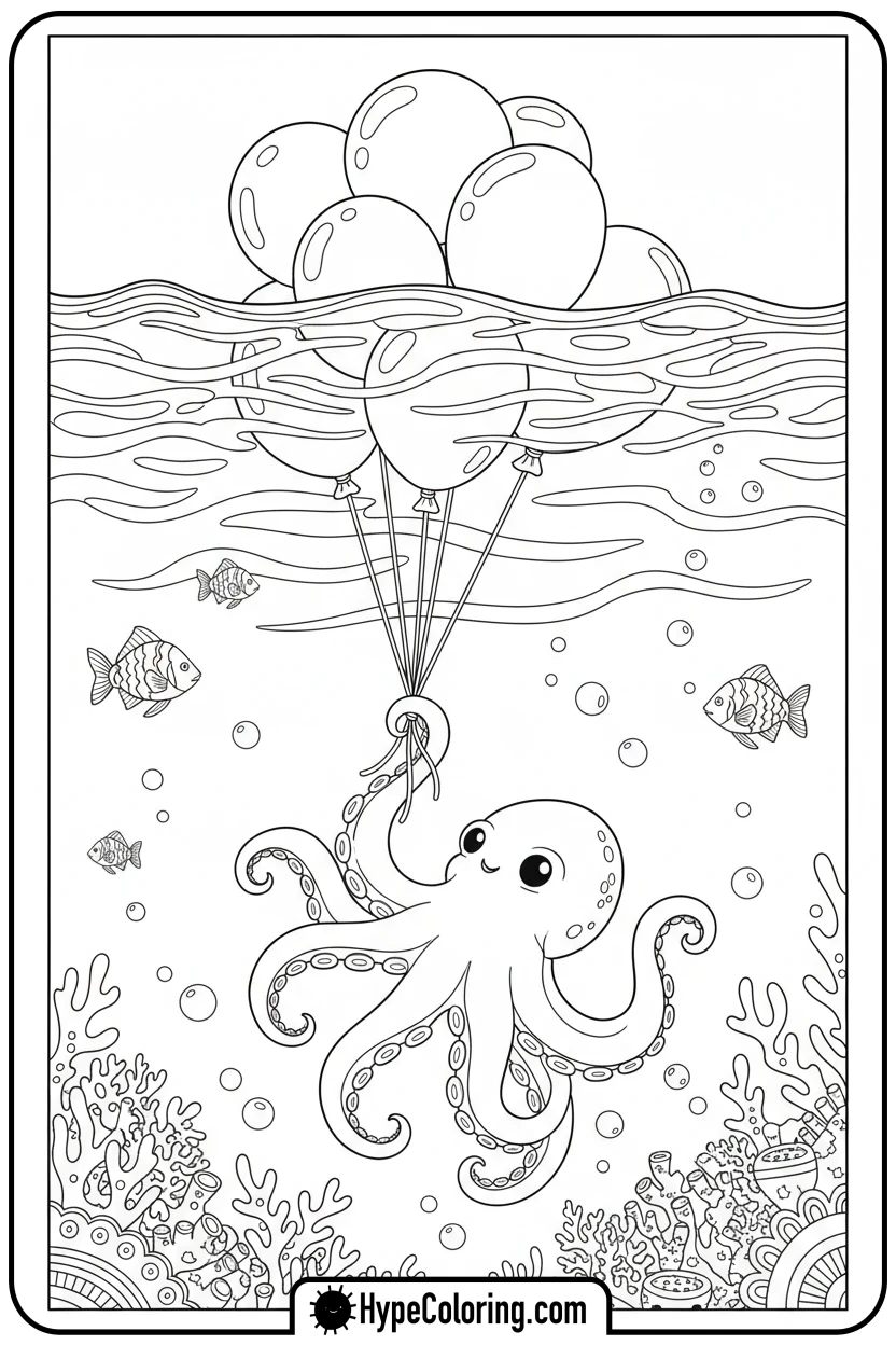 octopus-floating-with-balloons - coloring page of an octopus