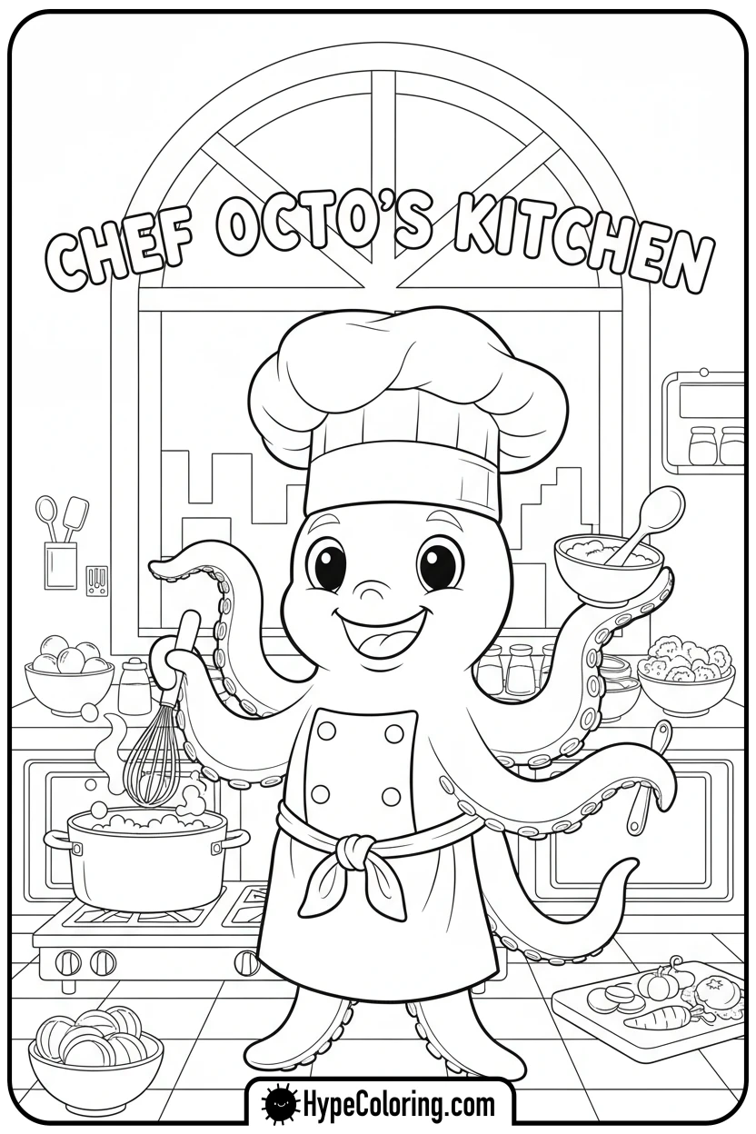 octopus-chef-stirring-pot - coloring page of an octopus