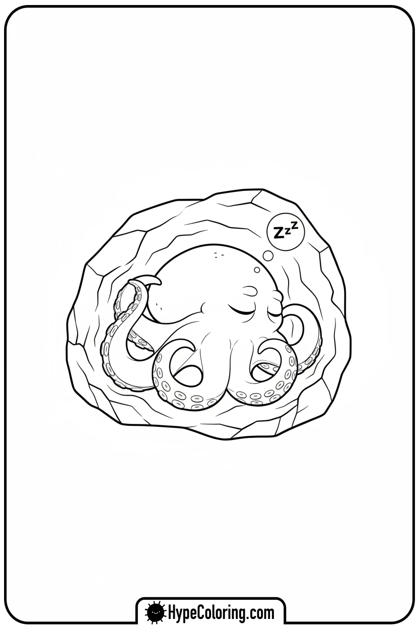 sleeping-octopus-in-crevice - coloring page of an octopus