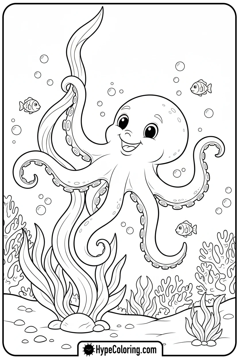 octopus-swinging-on-kelp - coloring page of an octopus