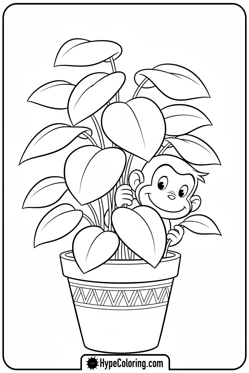 Click to download PDF george-peeking-from-plant - curious george coloring pages
